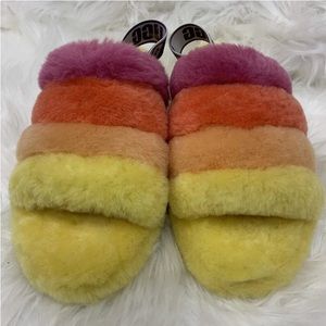 Ugg Yellow/Pink/Orange Real Fur From Lamb Fluff Slides Size 7